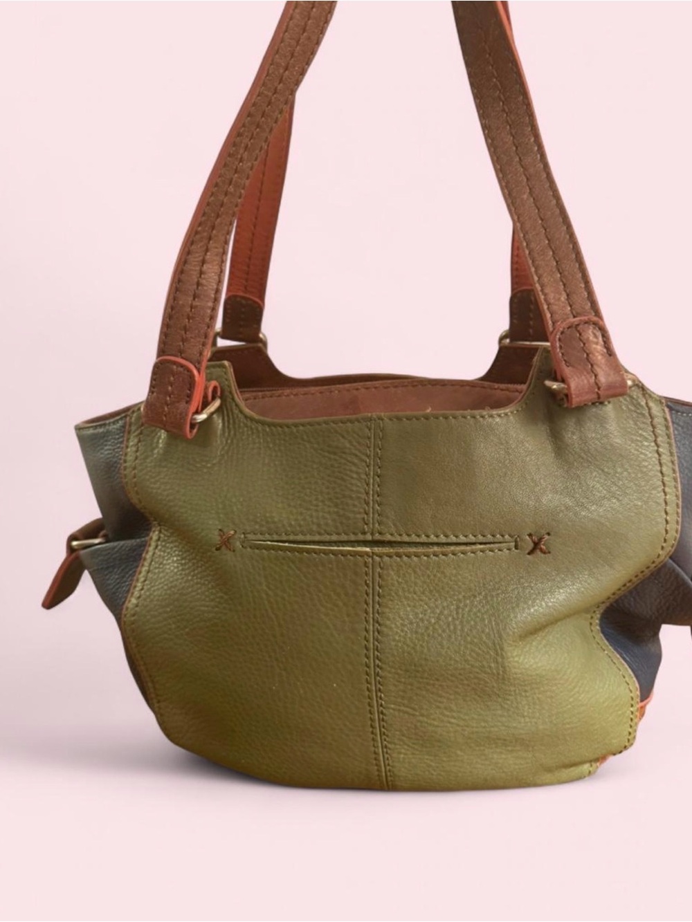 The Sak Colorblock Leather Tote in Green, Deep Navy & Cognac Brown w/Tassel - Picture 2 of 8